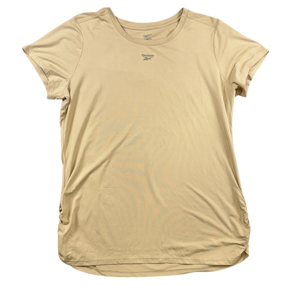 Reebok Womens XL Tan Short Sleeve Ruched Side Activewear T-Shirt Logo Crew Neck